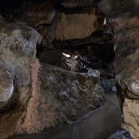 福島県あぶくま洞の濡れた洞内通路と鍾乳石の風景の写真