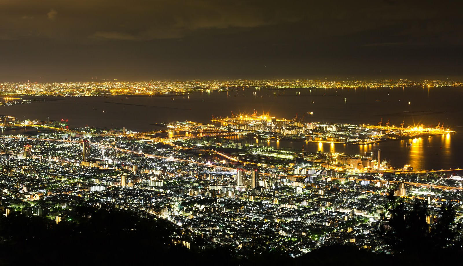 高台から見下ろす神戸の港と市街地の夜景