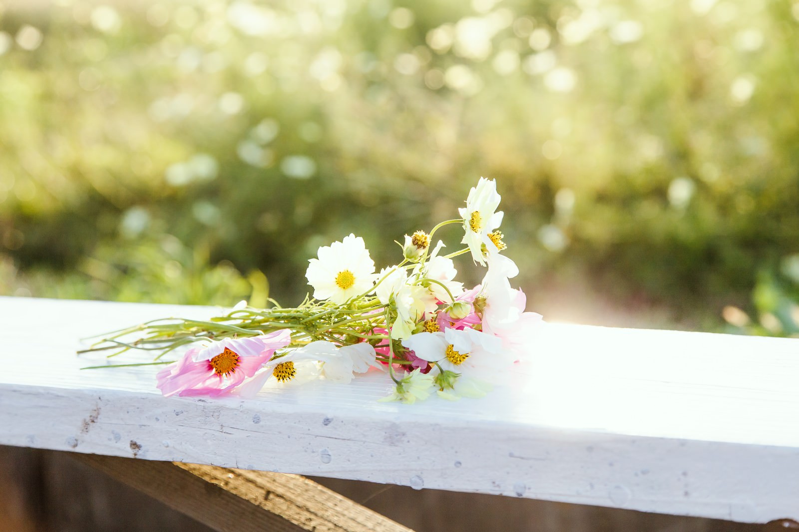 板の上に横たわるピンクの花束