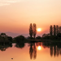 夕焼けのオレンジ色に染まった水面のキラキラした反射の写真