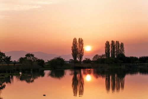 夕焼けのオレンジ色に染まった水面のキラキラした反射