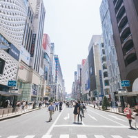 銀座四丁目の中央通り、歩行者天国の風景と繁華街の賑わいの写真