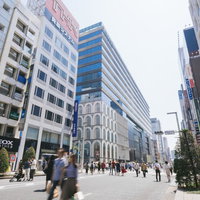 銀座の歩行者天国、GINZA SIXと高層ビルが立ち並ぶ商業施設の写真