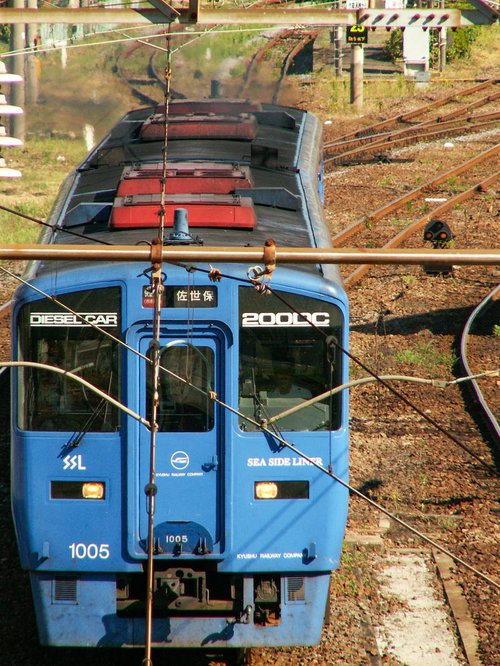歩道橋から見るシーサイドライナーの青い車体