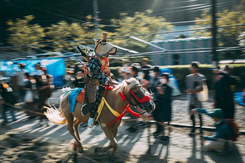 古殿八幡神社例大祭で流鏑馬を披露する騎手と馬