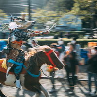 古殿八幡神社の境内を駆け抜ける流鏑馬の伝統行事の写真