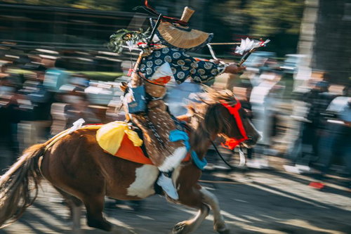 古殿八幡神社の境内で流鏑馬の騎手が駆け出す瞬間