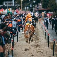 古殿八幡神社例大祭の流鏑馬で、錦織の衣装に身を包んだ騎手の後ろ姿の写真