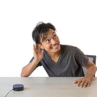 スマートスピーカーの反応に大満足の男性が動作確認の写真