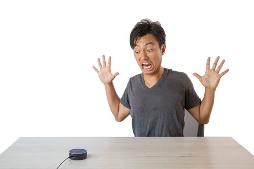 スマートスピーカーのまさかの反応に驚く男性