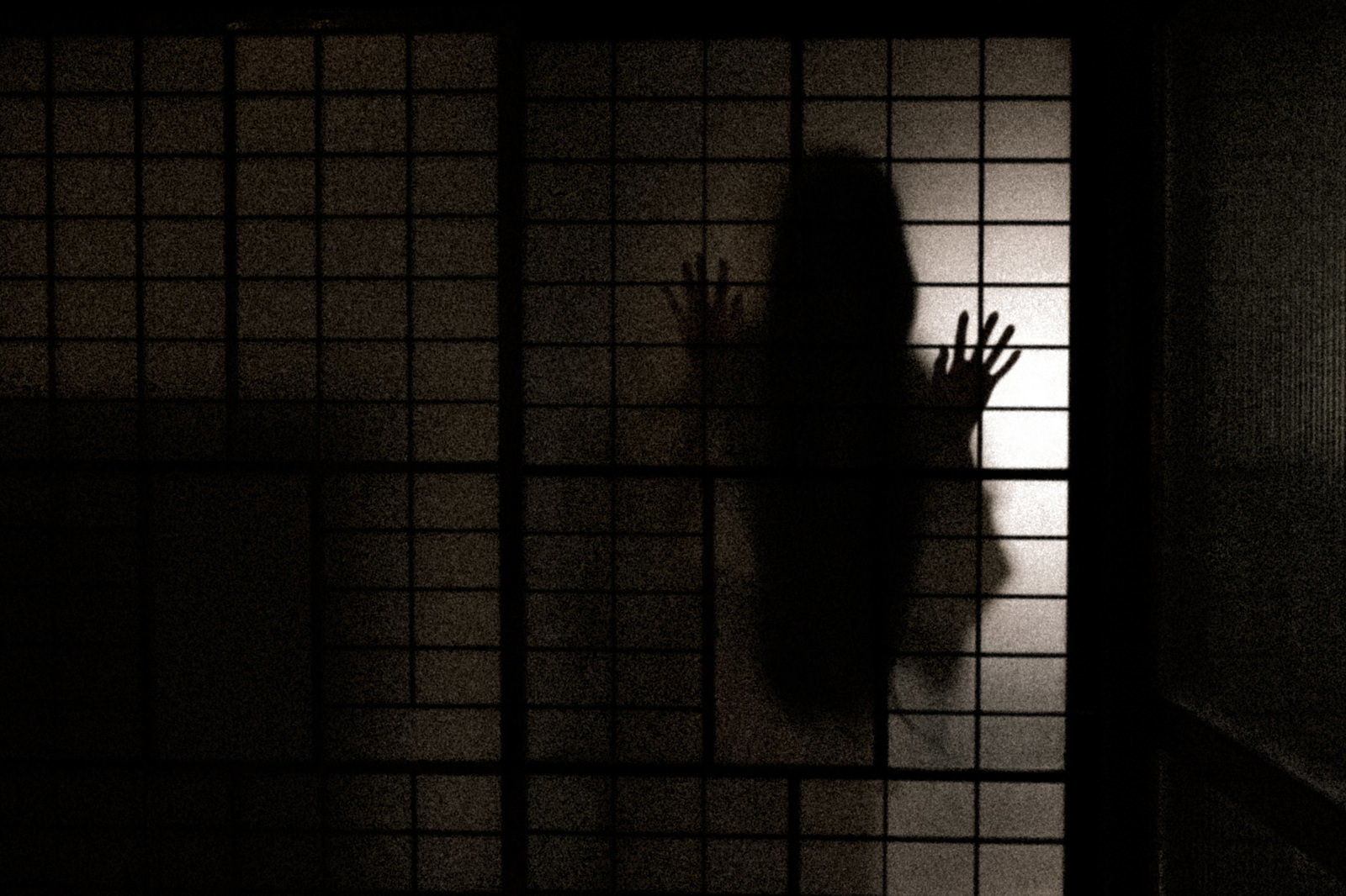 暗い部屋の障子越しに見える、押し付けられた幽霊の透ける手［モデル：緋真煉］