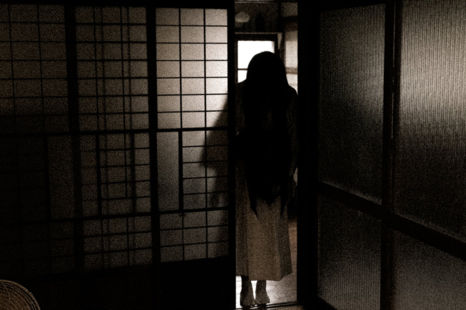 障子越しに見える黒いシルエットの幽霊と奥の白い光［モデル：緋真煉］