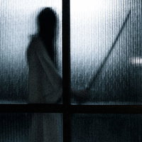 磨りガラス越しに見える刀を持った人影と怨念の世界の写真