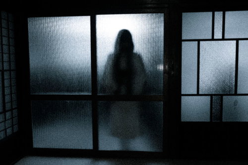 磨りガラスにうっすら映る女性のシルエット