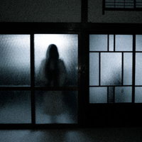 スリガラス越しに薄暗い室内で浮かび上がる女性のシルエットの写真