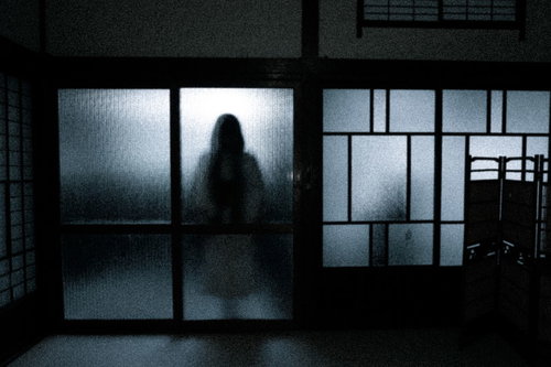 スリガラス越しに薄暗い室内で浮かび上がる女性のシルエット