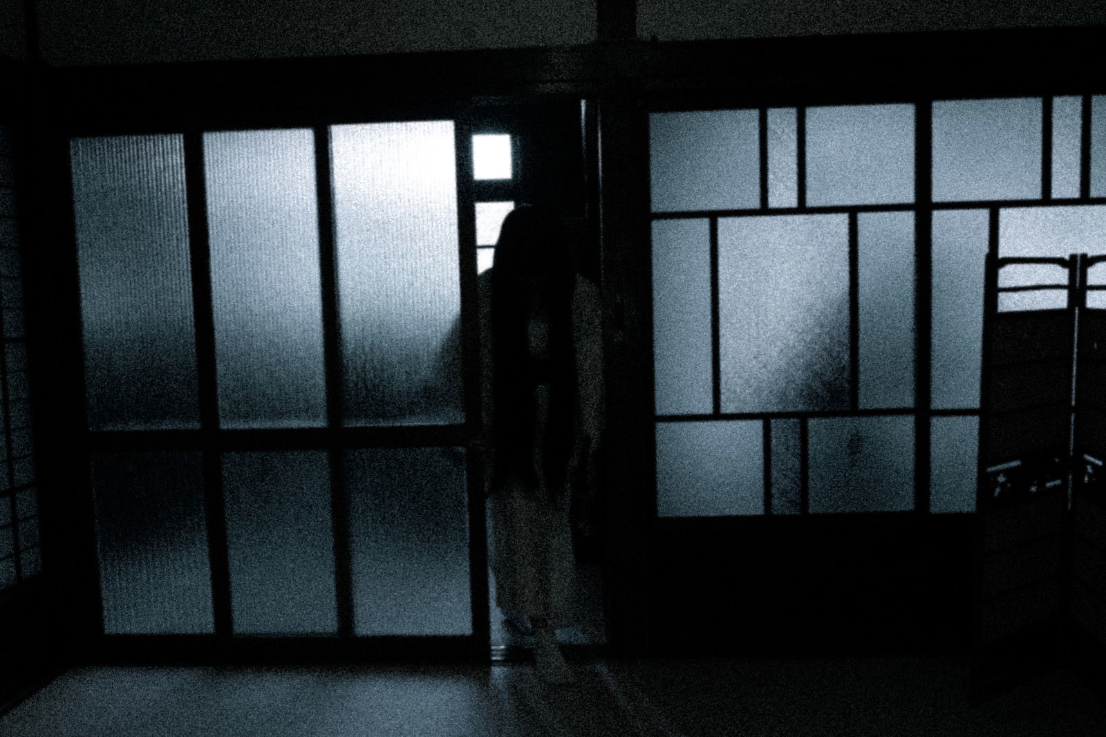 薄暗い部屋の中に立つ黒髪長髪の女性［モデル：緋真煉］