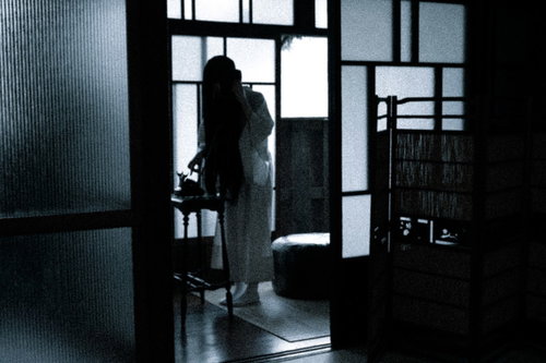 非通知着信アリ、暗い室内で黒電話の前に立つ女性のシルエット