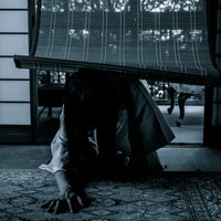 床に這いつくばる黒髪の女性が和室の障子の前で呪怨の姿の写真