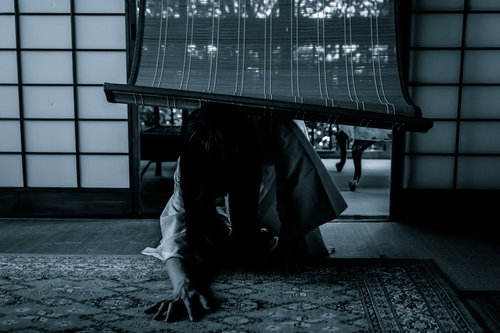 床に這いつくばる黒髪の女性が和室の障子の前で呪怨の姿