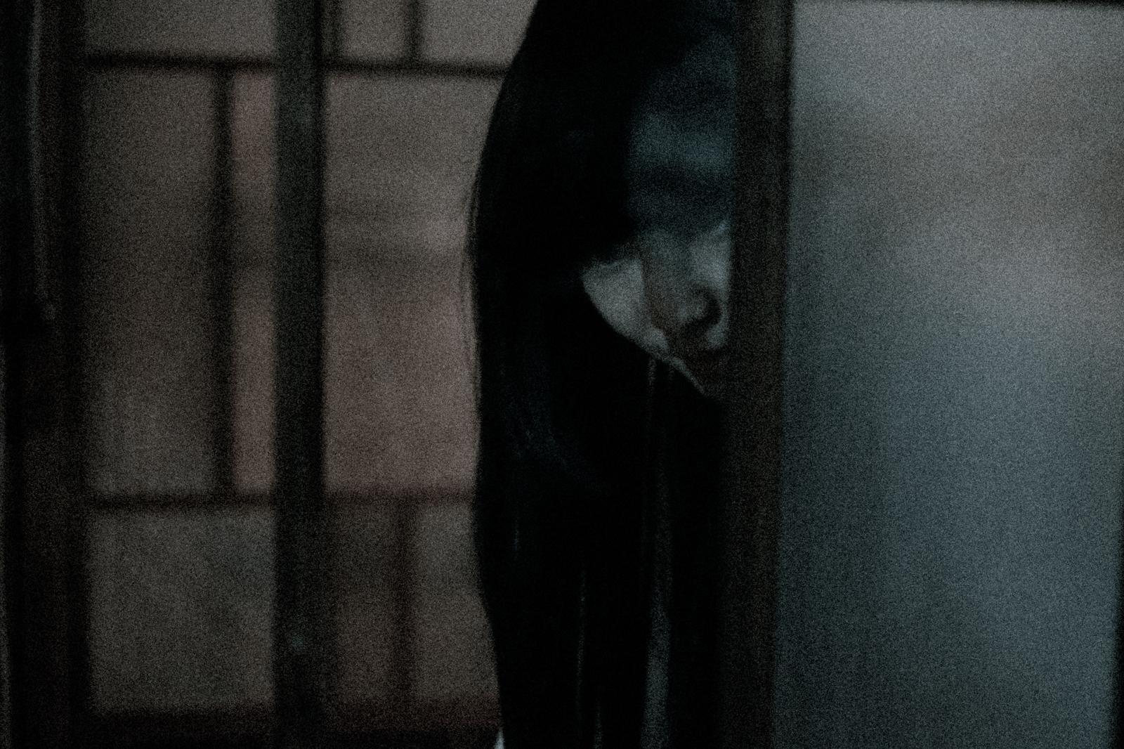 障子越しに見える黒い髪で覆われた怨霊の顔［モデル：緋真煉］
