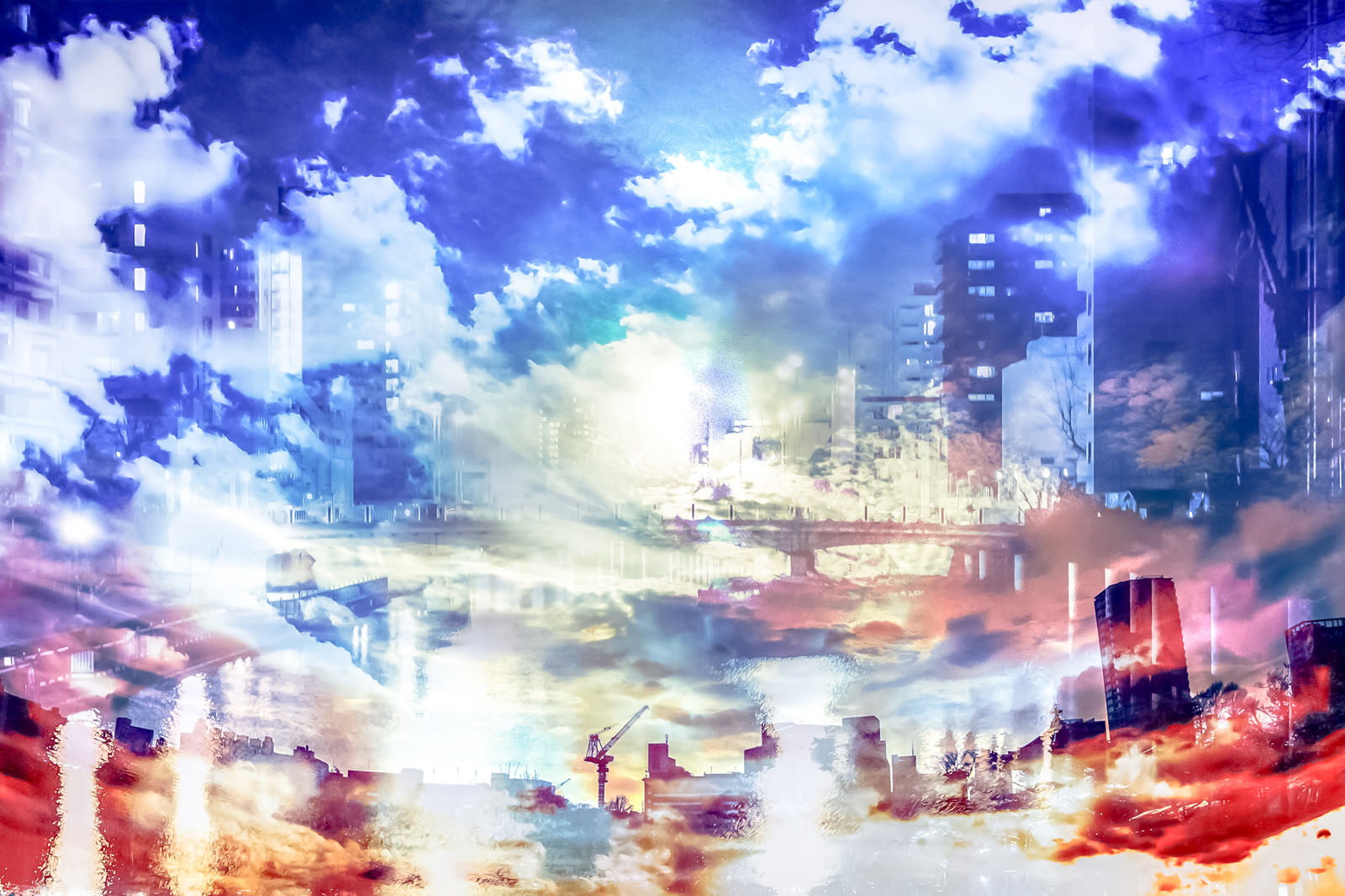 雲と光が重なる多重露光の都市風景のアート写真