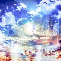 雲と光が重なる多重露光の都市風景のアート写真の写真