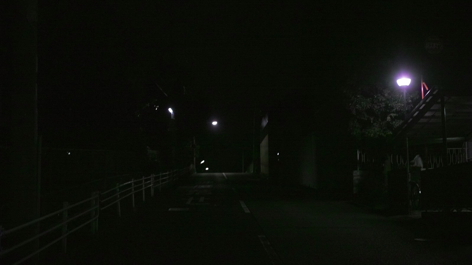 街灯が点灯しているが全体的に暗い夜間の道路
