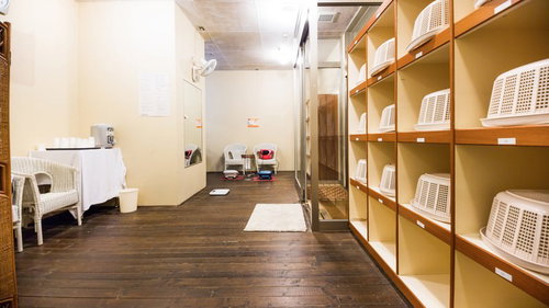 白いかごが並ぶ木製棚と籐の椅子とテーブルがある脱衣所