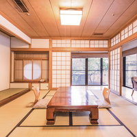 障子の引き戸と木枠の窓から自然光が入る畳に低いテーブルの温泉宿の和室の写真