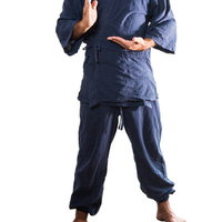 作務衣を着て真顔で大仏ポーズをとる男性の写真