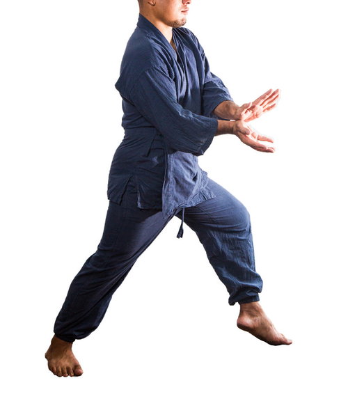紺色の道着を着用しエネルギー波を繰り出す練習中の男性