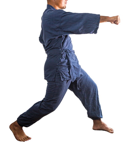正拳突きやるマン、青い道着で力強いパンチ