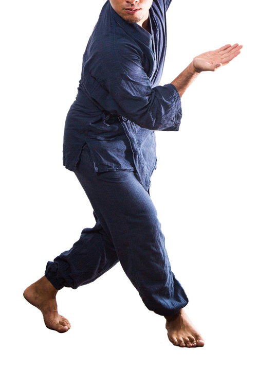 目を見開いて怪しい構えを取る道着姿の職人男性