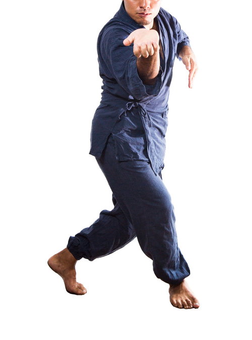 摺り足で掌底を構えかかってこいと挑発する道着姿の男性