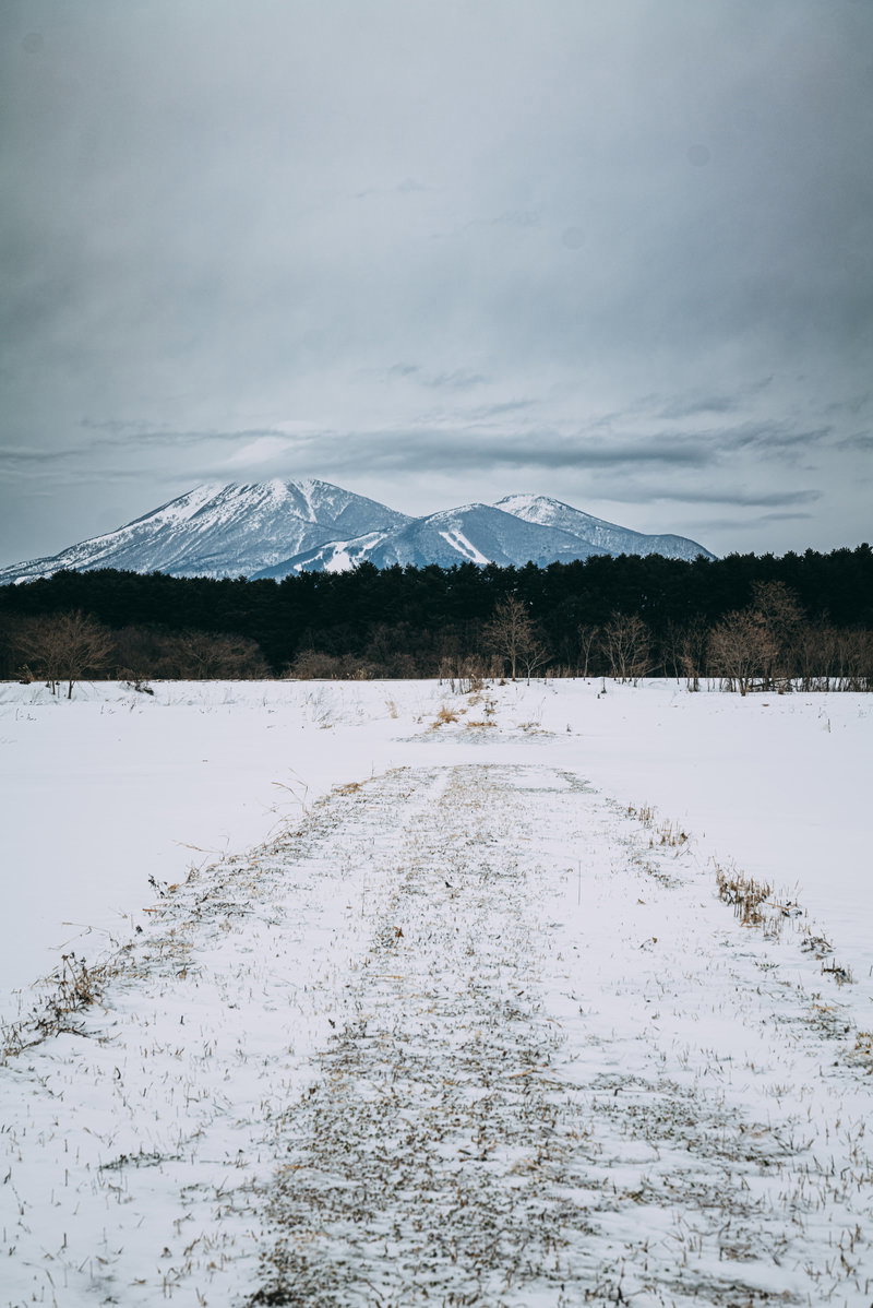 雪が積もった農道と背景の雪山。白い雪原に積もる冬の風景。