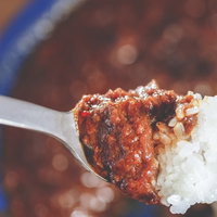 スプーンでカレーを一口いただきます。白いご飯の上のカレーライスの写真