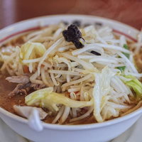 もやしたっぷりのタンメン、白い丼に盛られた熱々のラーメンの写真
