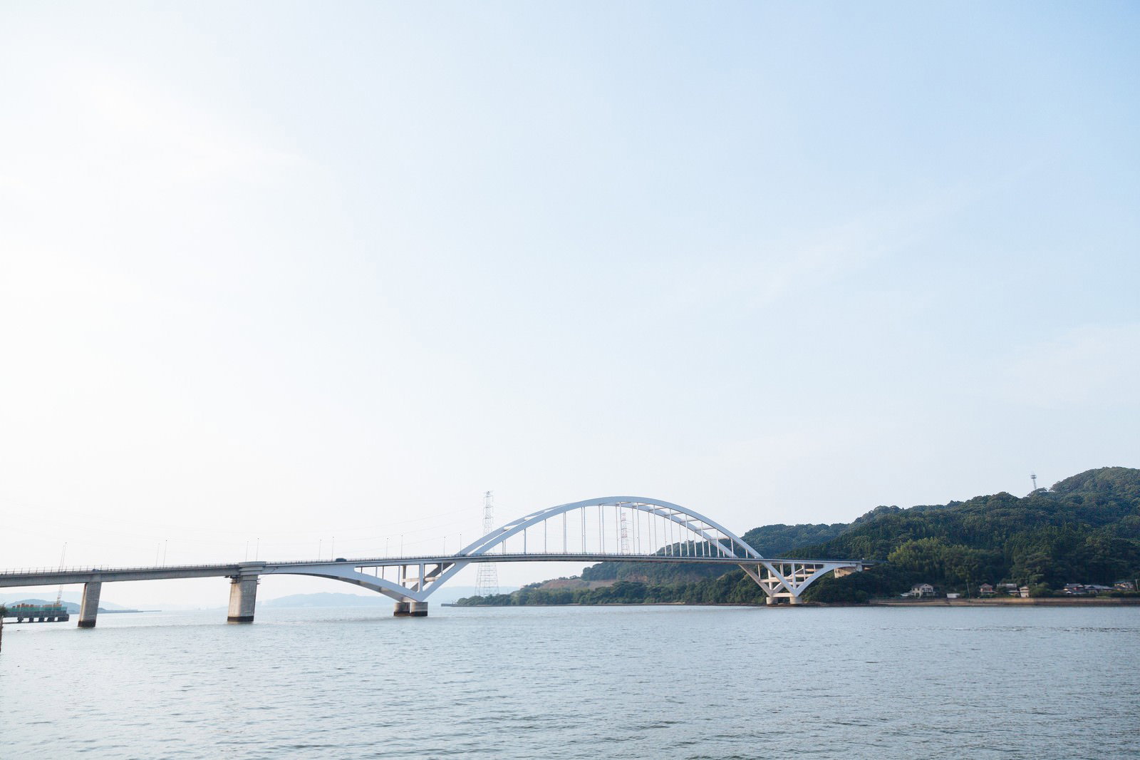 伊万里川に架かる白いアーチ橋と両岸の緑の風景