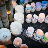 夏の催し「ボシ灯ろうまつり」の灯ろうが夜間に明かりをともすの写真