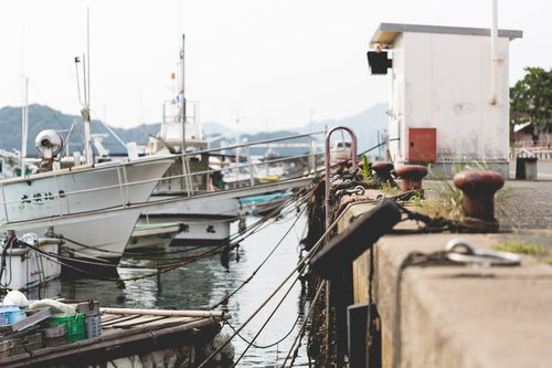 伊万里市の波多津港に係留される漁船と防波堤