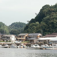 緑に囲まれた佐賀県伊万里市波多津港の船着場と漁船の写真