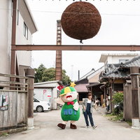大原中央商店街の蔵元を見学するゆるキャラと女性レポーターの写真