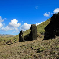 空を見つめるモアイ像と草の丘の写真