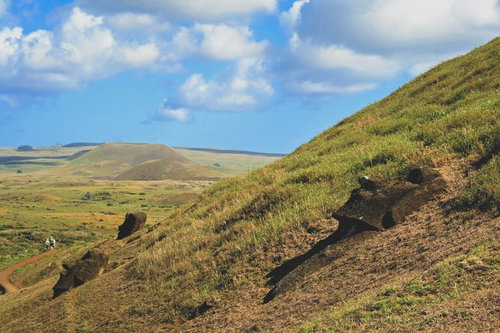草に覆われた丘陵地に埋もれるモアイ像の遺跡景観