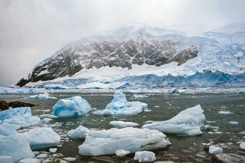 南極の氷河から流れ出す氷の壁と流氷の風景