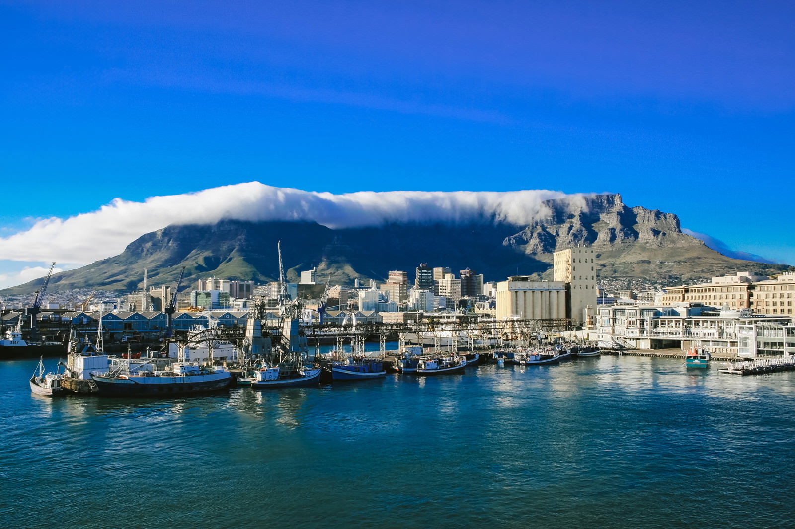 テーブルマウンテンを背景にしたケープタウンの港