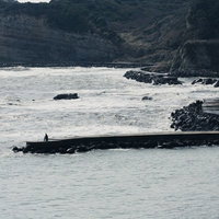 千葉県いすみ市の断崖に囲まれた海岸で釣りをする人の写真