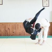 スーツ姿で一本背負いを決めるサラリーマンの写真