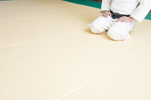 畳の道場で正座待機する柔道の男性選手